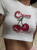 Women's Cropped T-Shirt with Cherry Print