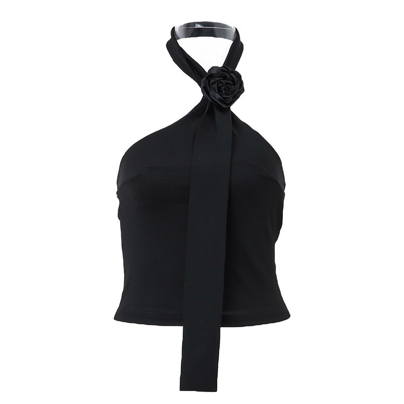 Women's Asymmetrical Top with Floral Appliqué and Adjustable Strap