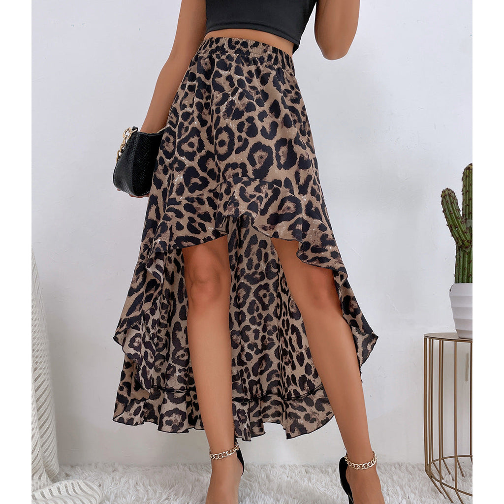 Asymmetrical Maxi Skirt with Leopard Print and Ruffle Details