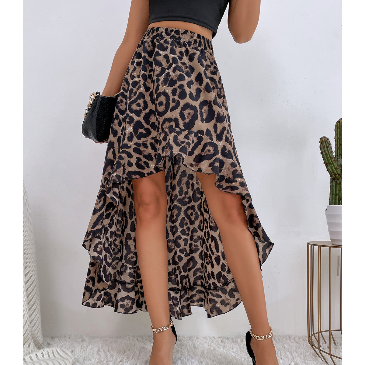 Asymmetrical Maxi Skirt with Leopard Print and Ruffle Details