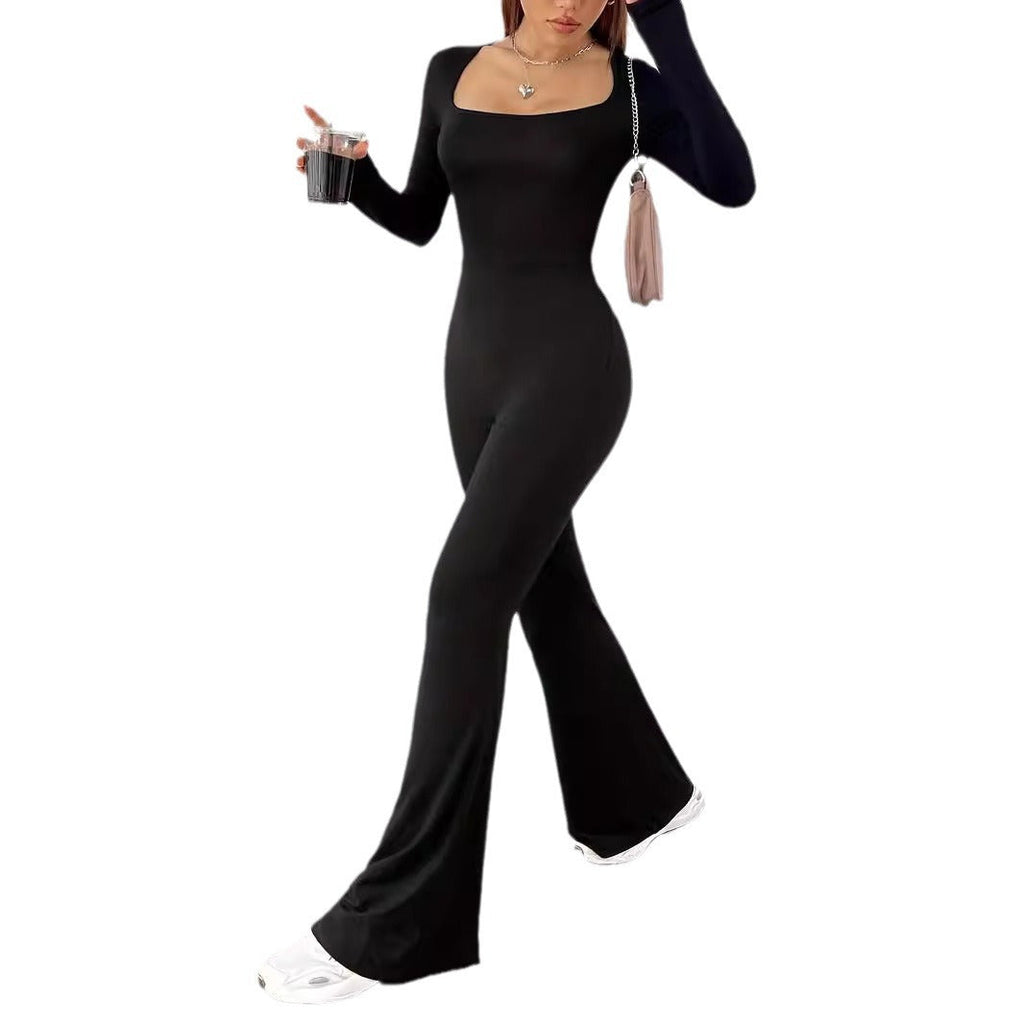 Women's Long-Sleeve Jumpsuit with Square Neck and Wide Leg