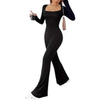 Women's Long-Sleeve Jumpsuit with Square Neck and Wide Leg