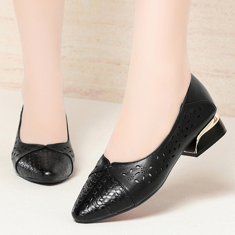 Women's Ballet Flats with Decorative Cut-Out Design and Block Heel