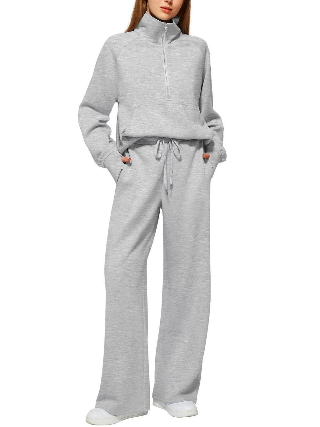 Women's Casual Sweatpants Suit with High Collar and Kangaroo Pocket