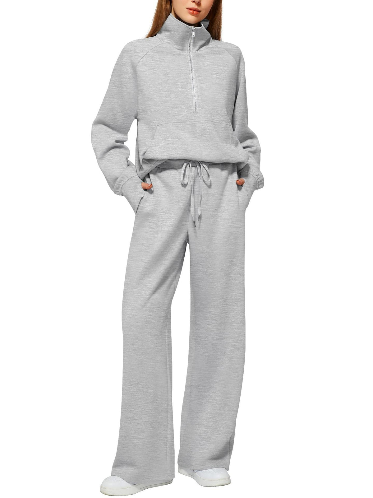 Women's Casual Sweatpants Suit with High Collar and Kangaroo Pocket