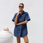 Women's Denim Shirt Dress with Short Sleeves and Pockets