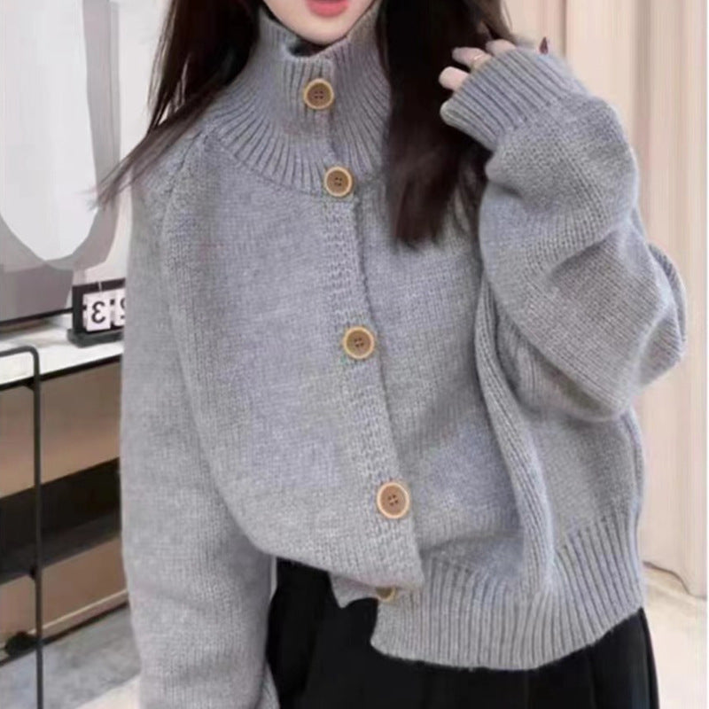 Women's Cozy Cardigan with High Collar and Decorative Buttons