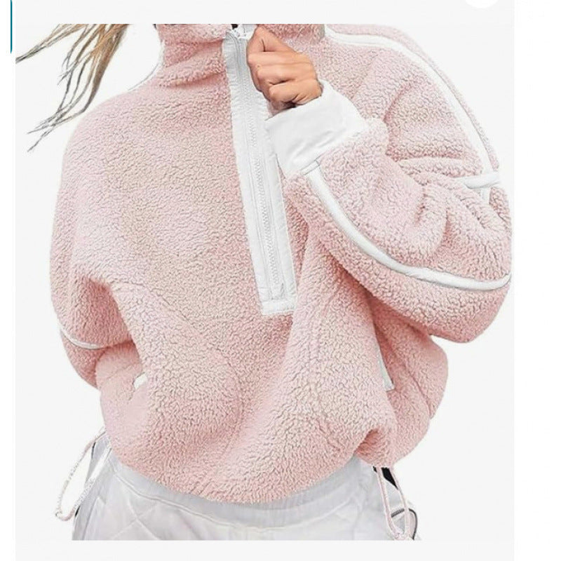 Women's Fleece Pullover with Half Zipper and Contrasting Sleeves