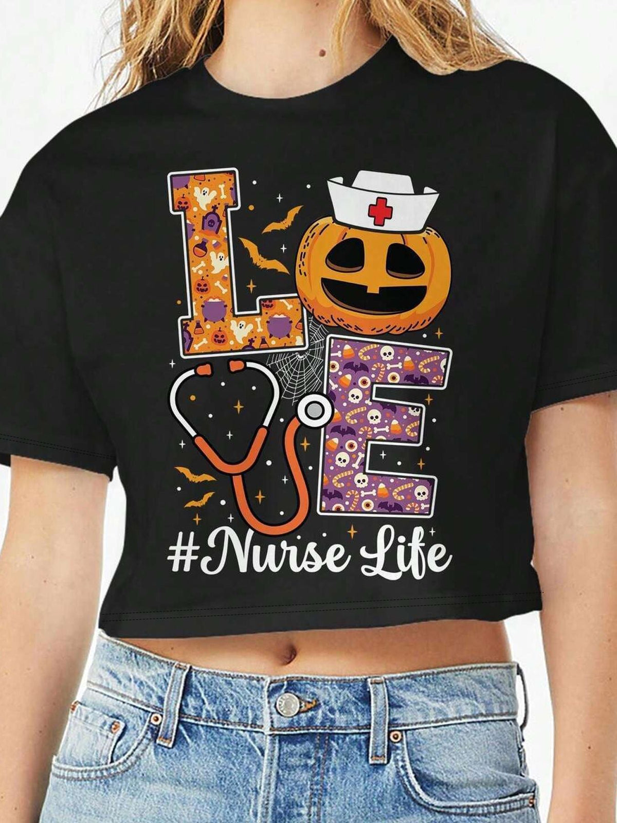 Women's Crop T-Shirt with Creative Lip Print