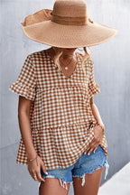 Women's Blouse with Ruffled Hem and Plaid Pattern