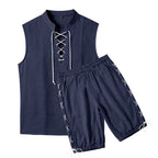 Men's Sleeveless Leisure Set with Lace Collar and Drawstring Bermuda
