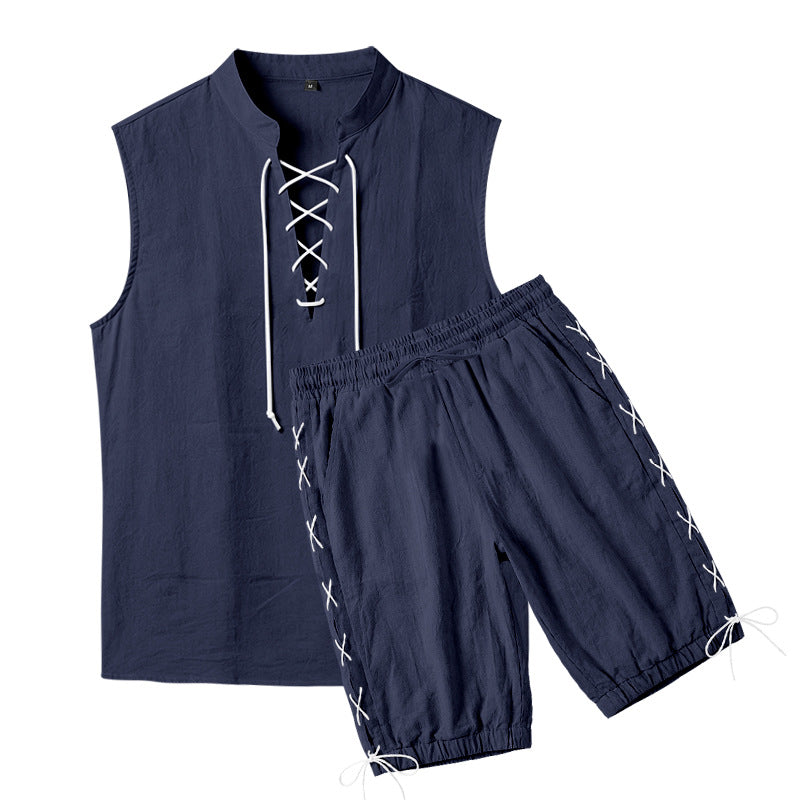 Men's Sleeveless Leisure Set with Lace Collar and Drawstring Bermuda