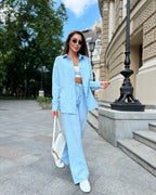 Women's Elegant Two-Piece Shirt and Wide-Leg Pants Set