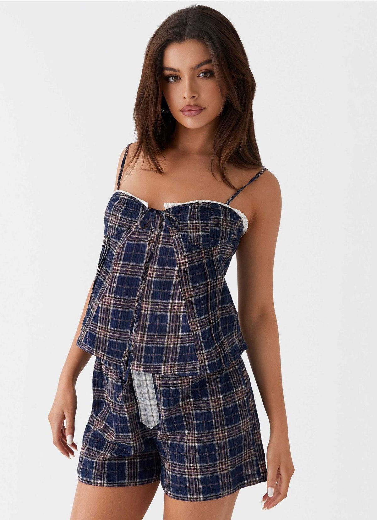 Women's Casual Pajama Set with Adjustable Straps and Plaid Pattern
