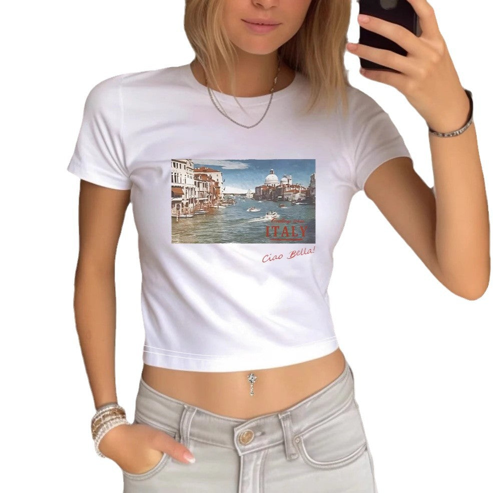 Women's Crop T-Shirt with Eye Motif and Tour Graphic