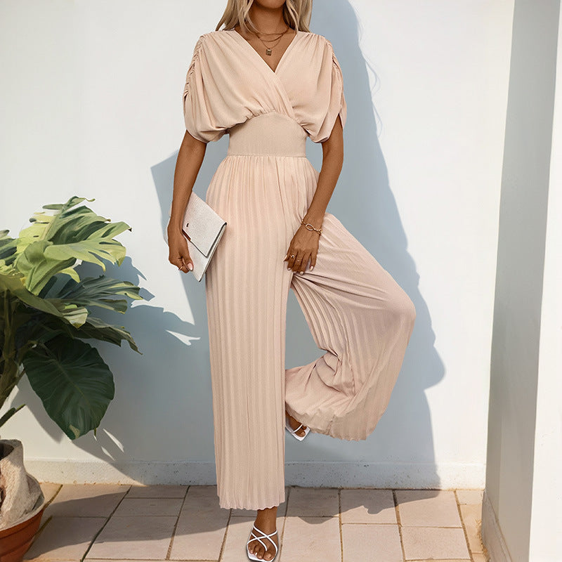 Elegant High V-Neck Jumpsuit with Wide Legs