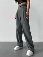 Women's Elegant High-Waist Trousers with Pressed Crease and Tie Belt