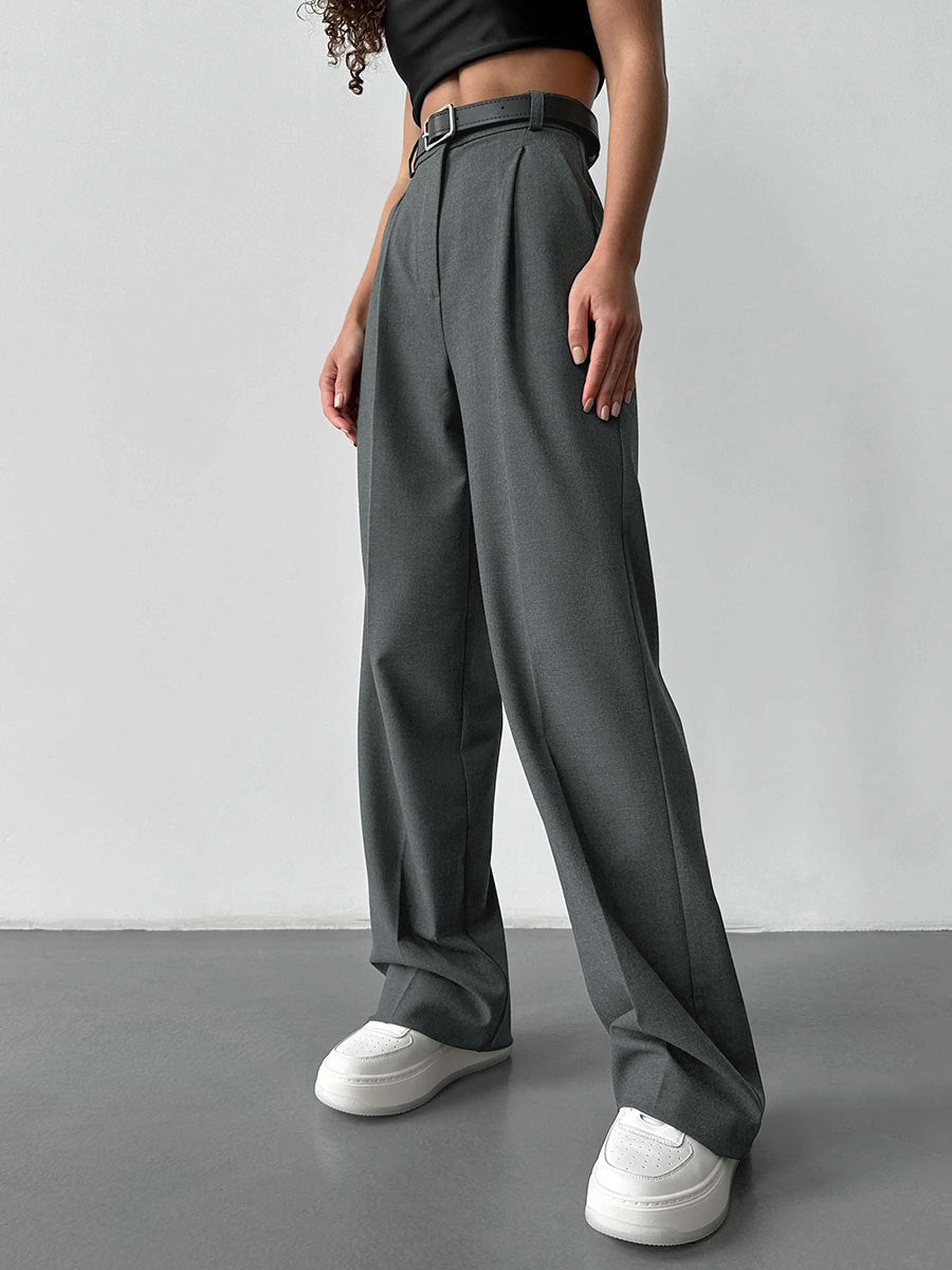 Women's Elegant High-Waist Trousers with Pressed Crease and Tie Belt