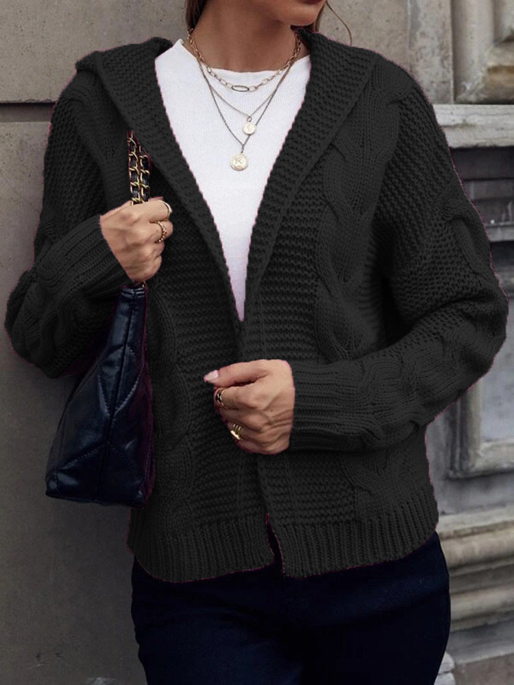 Women's Chunky Knit Cardigan with Hood and Cable Knit Pattern