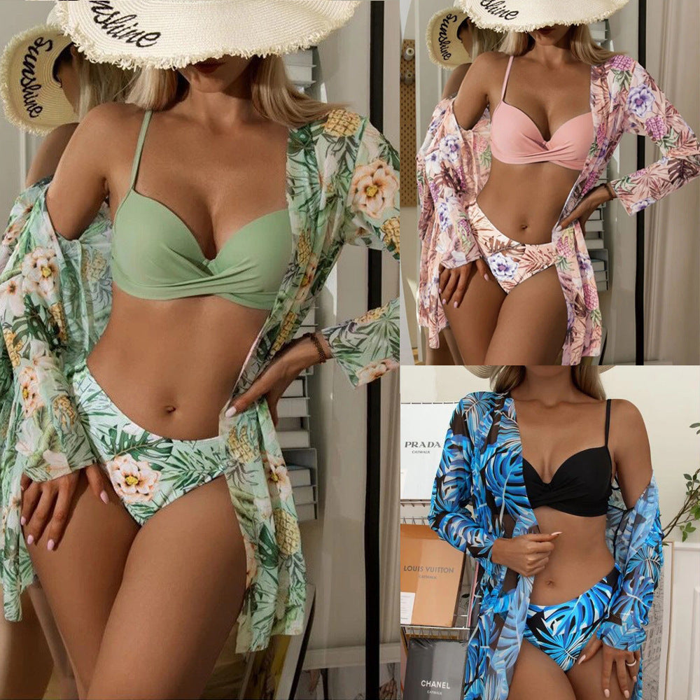 Women's Swimwear Set with Floral Kimono and Bikini