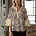 Women's Floral Top with Voluminous Ruffled Sleeves
