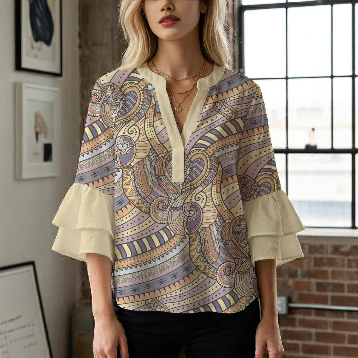 Women's Floral Top with Voluminous Ruffled Sleeves