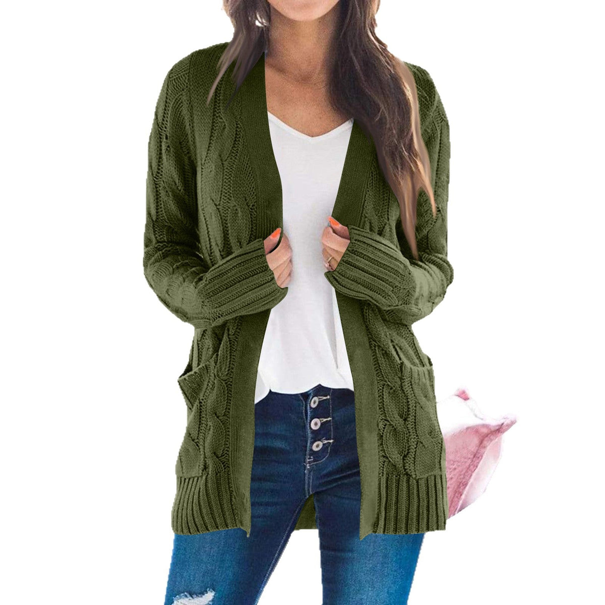 Women's Chunky Knit Cardigan with Modern Cable Patterns and Pockets