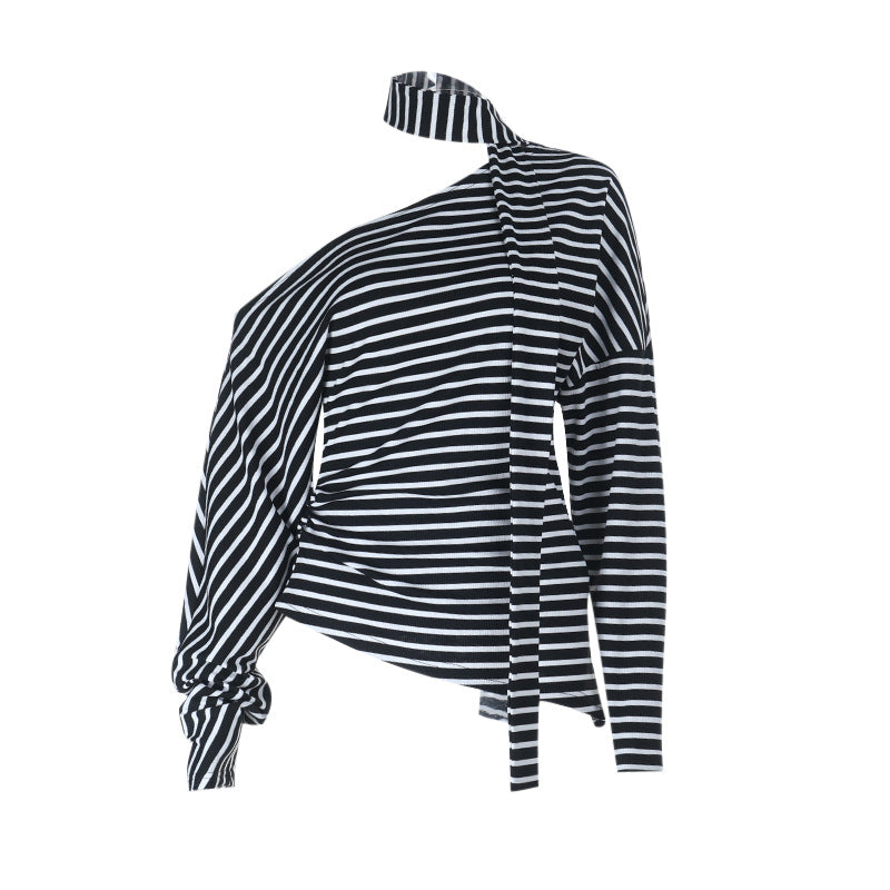 Women's Asymmetrical Long-Sleeve Shirt with Fashionable Stripes and Halter Neck