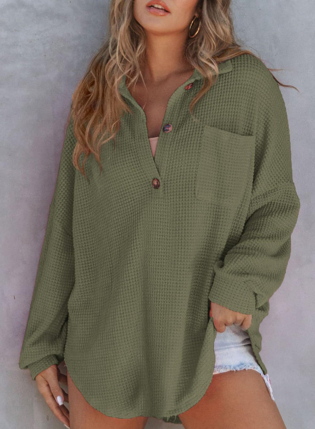 Women's Casual Waffle Texture Shirt with Button Placket and Chest Pocket