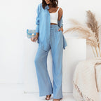 Women's Casual Two-Piece Linen Set with Loose Blouse and Wide-Leg Pants