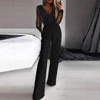 Women's Elegant Jumpsuit with Sheer Blouse and Shimmering Accents