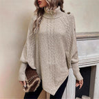 Women's Chunky Knit Sweater with Modern Mock Neck and Playful Button Details