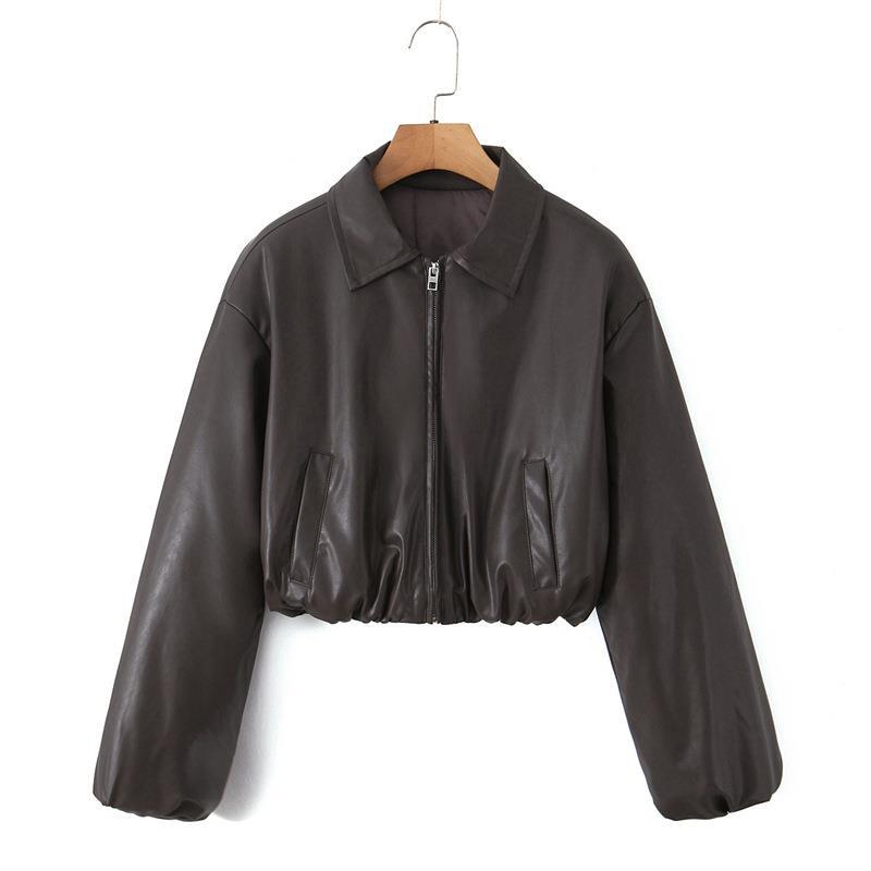 Women's Cropped Faux Leather Jacket with Pockets and Elastic Hem