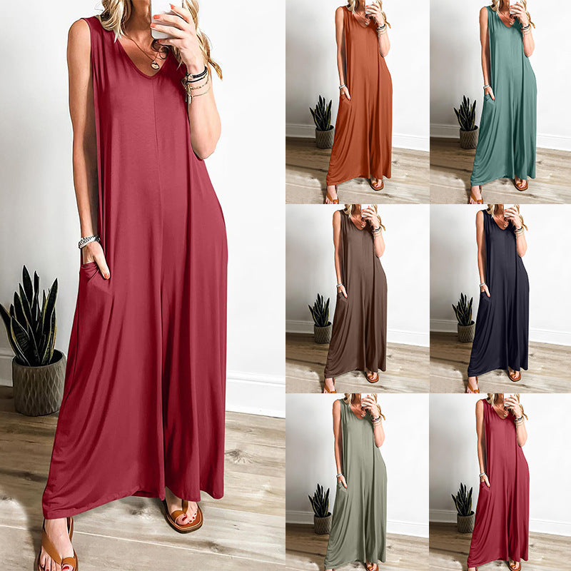Women's Loose Jumpsuit with Deep V-Neck and Side Pockets