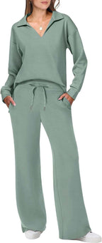 Women's Casual Lounge Set with Wide Cut and Cozy V-Neck