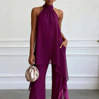 Evening Two-Piece Set with Gathered Mock Neck and Wide-Leg Trousers