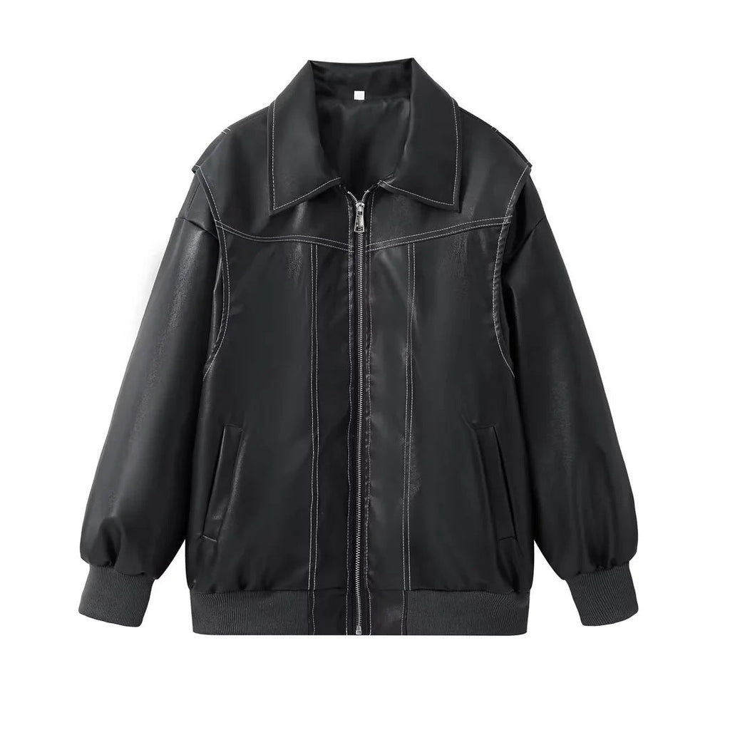 Women's Elegant Faux Leather Jacket with High Collar and Elastic Cuffs