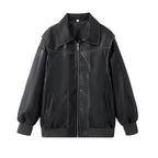 Women's Elegant Faux Leather Jacket with High Collar and Elastic Cuffs