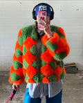 Women's Bold Faux Fur Jacket with Plaid Pattern and Cropped Cut