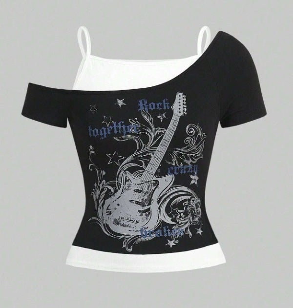 Women's Asymmetrical Rock T-Shirt with Graphic Print