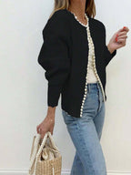Women's Elegant Knit Cardigan with Pearl Embellishment
