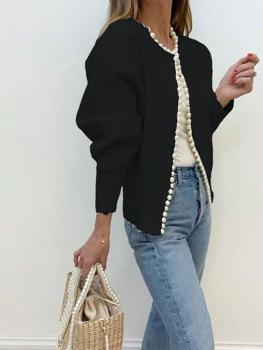 Women's Elegant Knit Cardigan with Pearl Embellishment