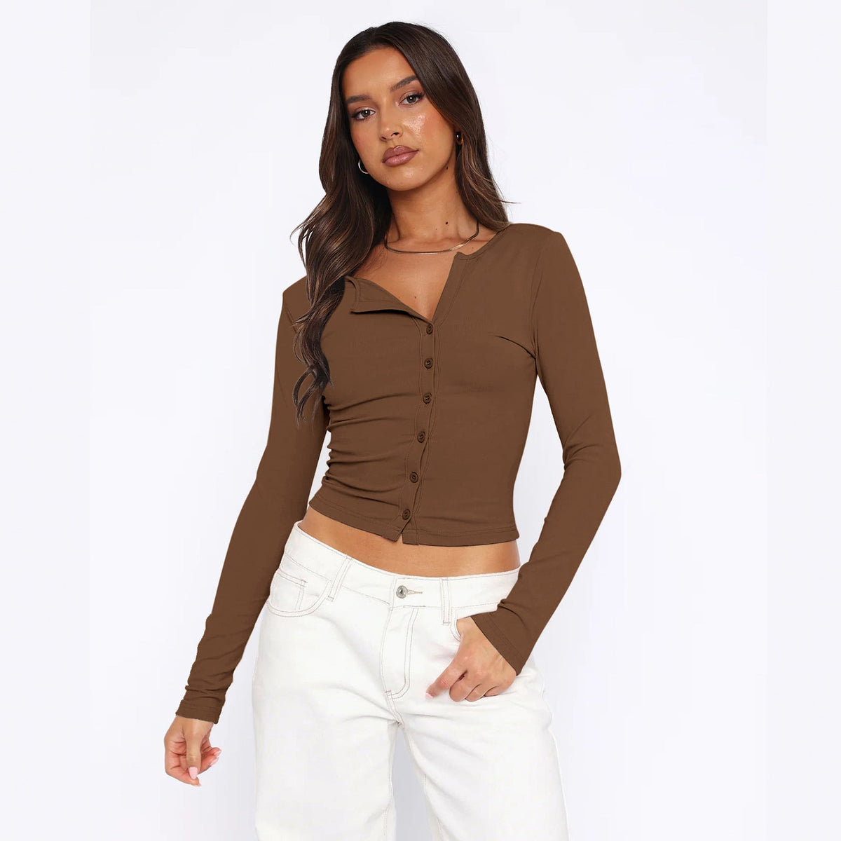 Women's Fitted Long-Sleeve Shirt with Button Placket
