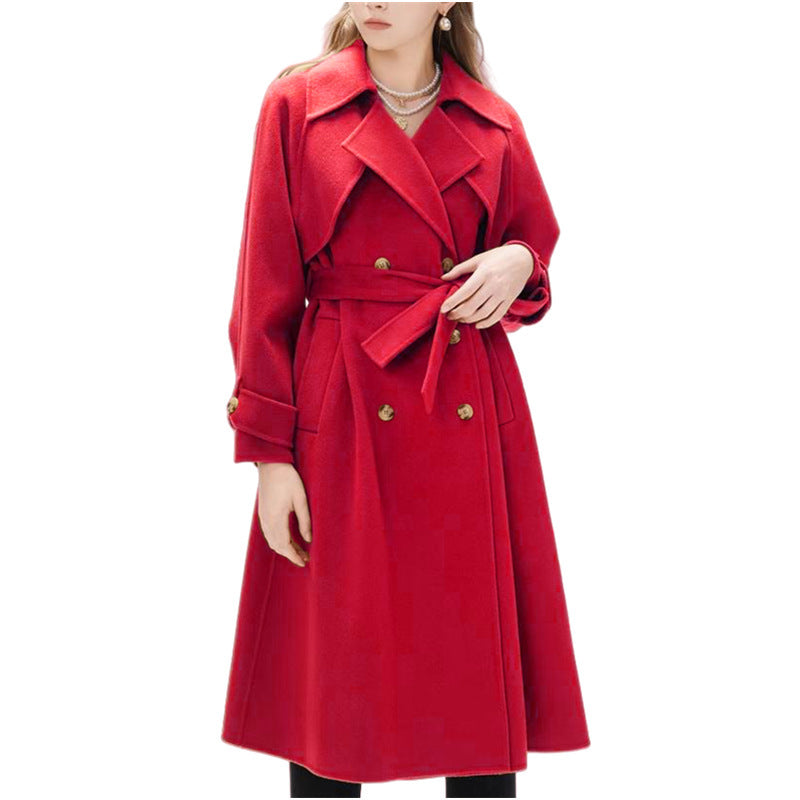 Women's Lined Trench Coat with Large Lapel and Waist Belt