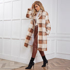 Women's Fluffy Plaid Coat with Elegant Lapel and Practical Pockets