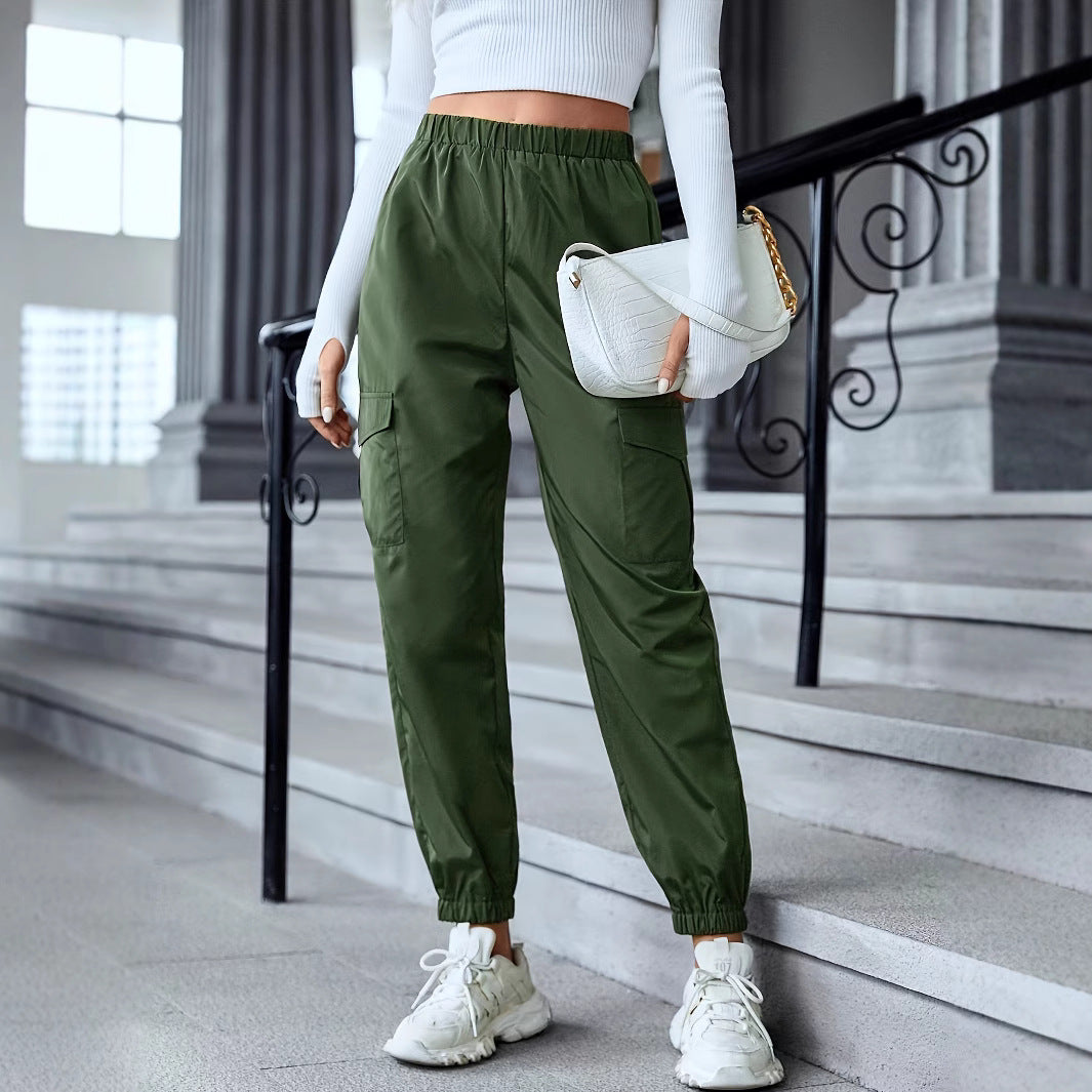 Women's Cargo Pants with Elastic Waist and Side Pockets