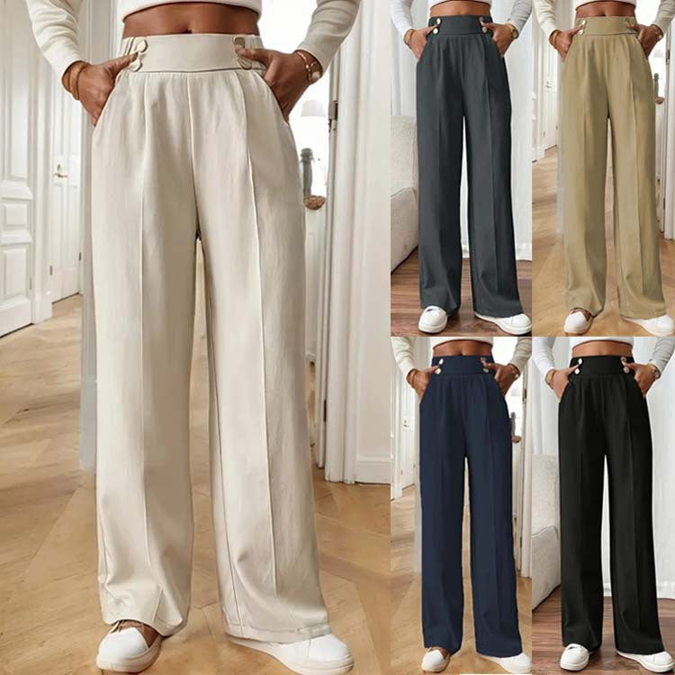 Women's Elegant and Airy High-Waist Wide-Leg Trousers with Practical Pockets