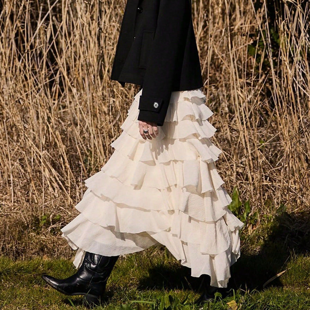 Women's Tiered Midi Skirt with Ruffles and Elastic Waistband