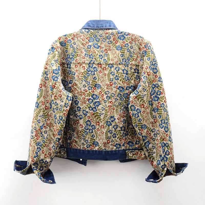 Women's Floral Denim Jacket with Patch Pockets and Collar