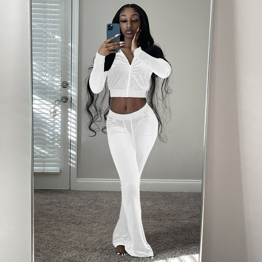 Women's Comfortable Velour Lounge Set with Zip-Up Top and Wide Leg